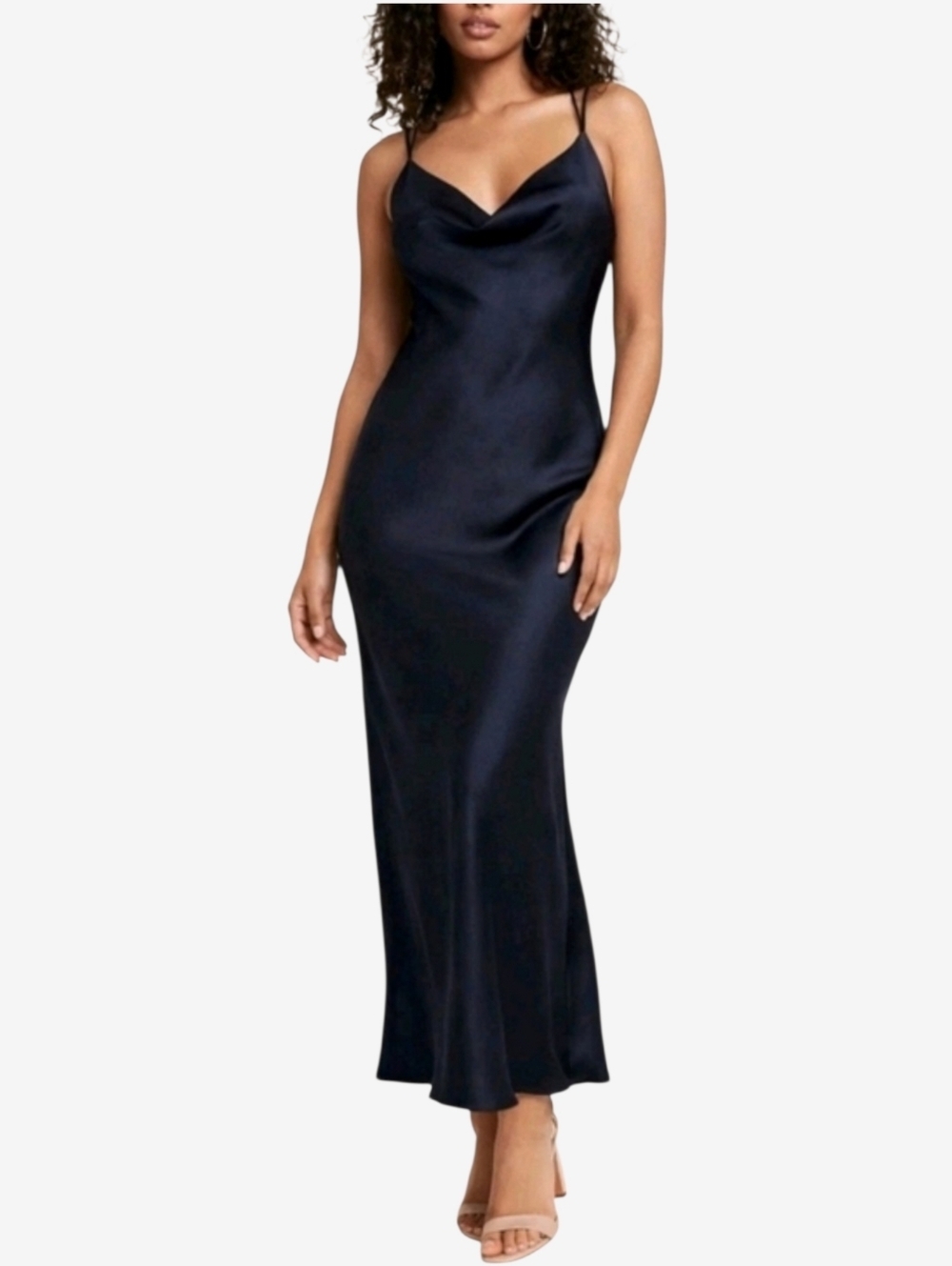 Lucy Paris Satin Slip Maxi Dress Womens XS Navy Blue Cowl Neck Strappy Evening
